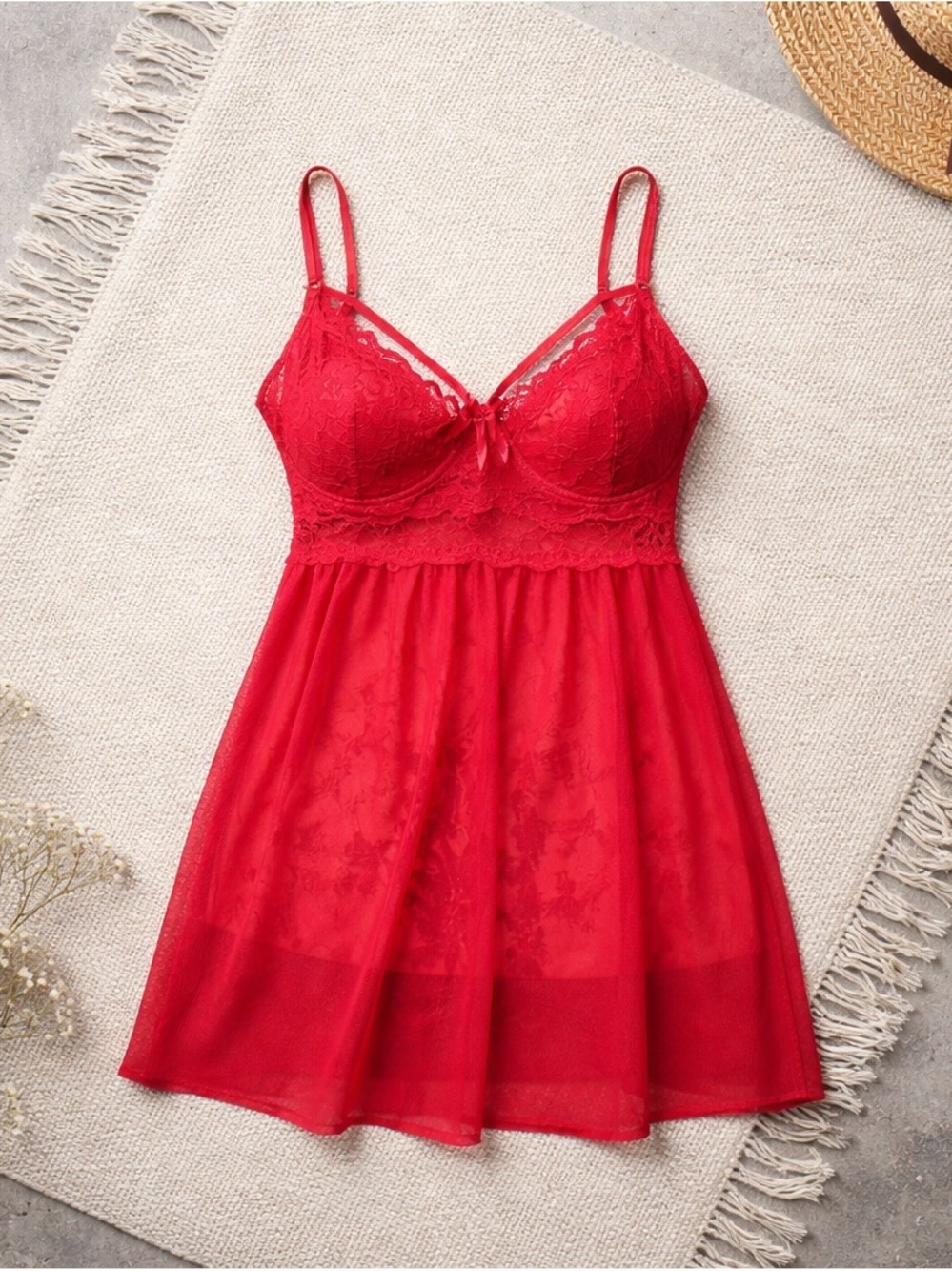 Red Lace Babydoll Chemise Nightdress - Women Intimates